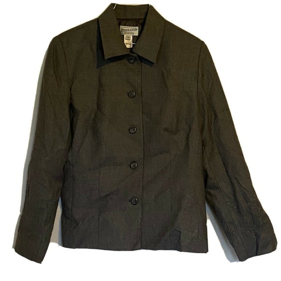 Pendleton Career Blazer Womens Sz 12 Gray Embroidered Sleeves 100% Virgin Wool - Picture 1 of 7